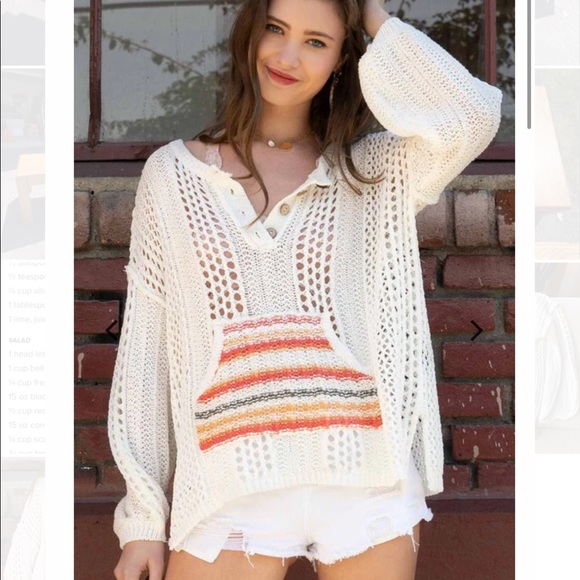 ⭐️ POL JSST84 Hooded Cream Crotched Pullover Sweater Womens Small S  Bohemian - Picture 3 of 15